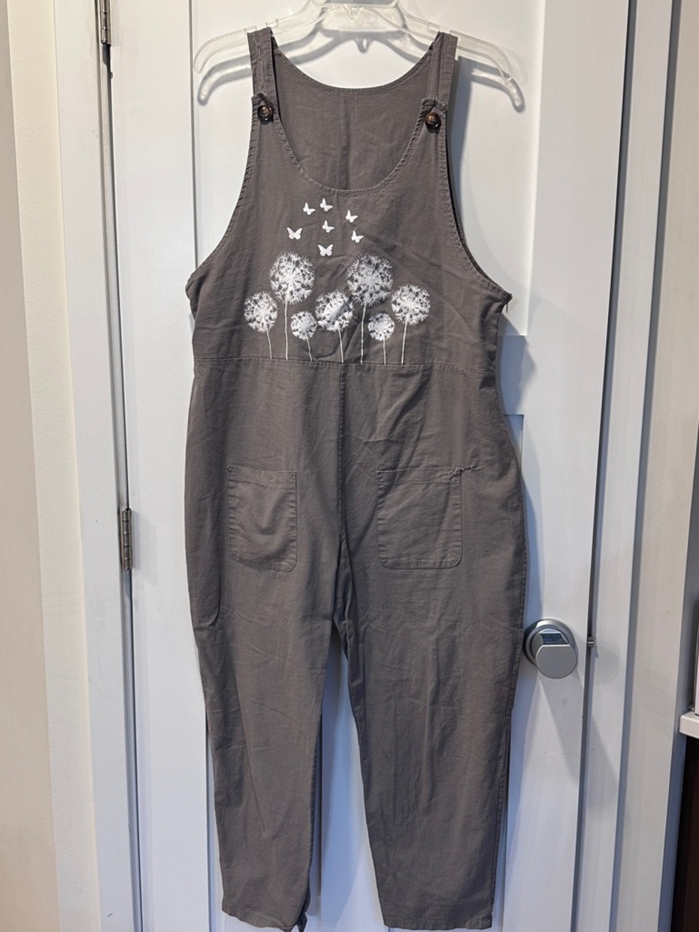 Casual Gray Floral-Print Cotton Overalls Romper Garden Wear Dandelion Butterfly